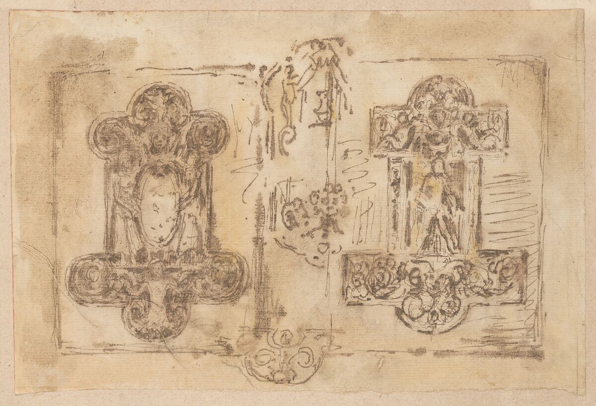 Two designs for ornamental plaques, Anonymous, French, 19th century, Pen and brown ink with brown wash 