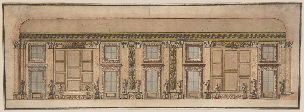 Elevation of the Gallery in the Palazzo Doria-Pamphilj, Rome, Anonymous, Italian, 17th century, Pen and black ink with watercolor 