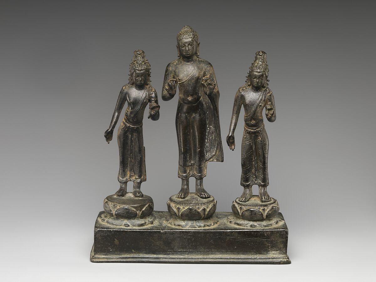 Buddha Attended by Bodhisattvas Avalokiteshvara and Maitreya, Copper alloy, Sumatra or southern Thailand