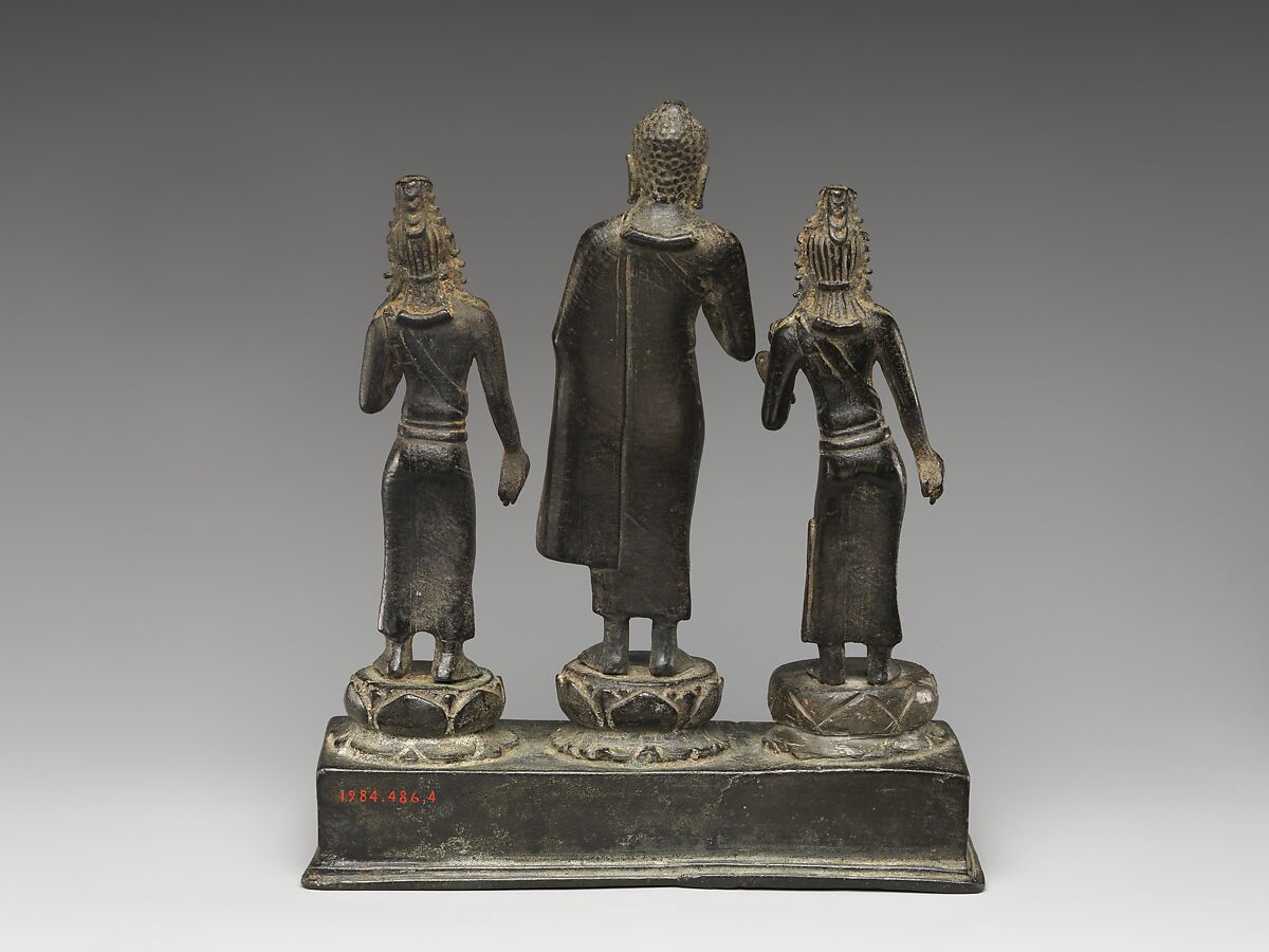 Buddha Attended by Bodhisattvas Avalokiteshvara and Maitreya, Copper alloy, Sumatra or southern Thailand