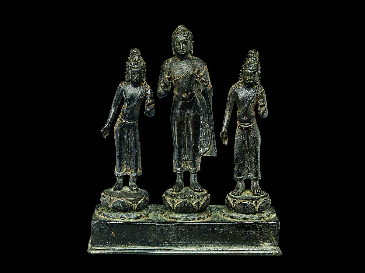 Buddha Attended by Bodhisattvas Avalokiteshvara and Maitreya, Copper alloy, Sumatra or southern Thailand 