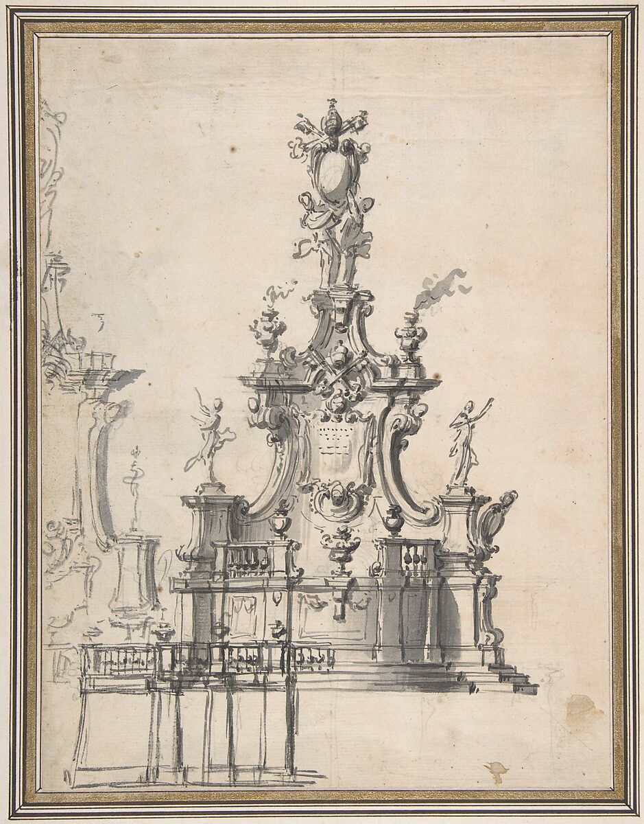 Design for a Catafalque or a Tomb Monument, Anonymous, Italian, 18th century, Wash over black chalk 