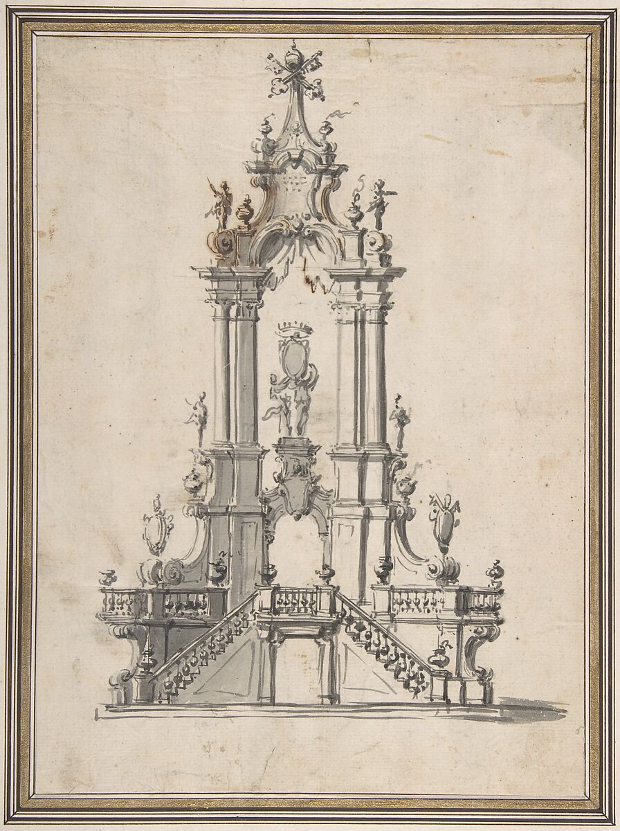 Design for a Catafalque, Anonymous, Italian, 18th century, Brown ink and wash 