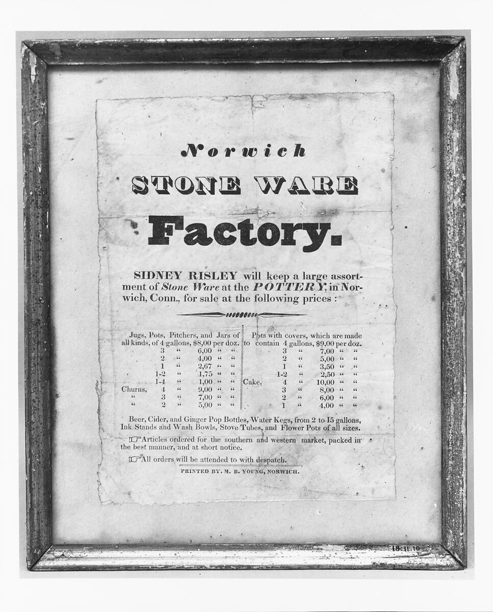 Advertisement for Norwich Stone Ware Factory, Paper, American 