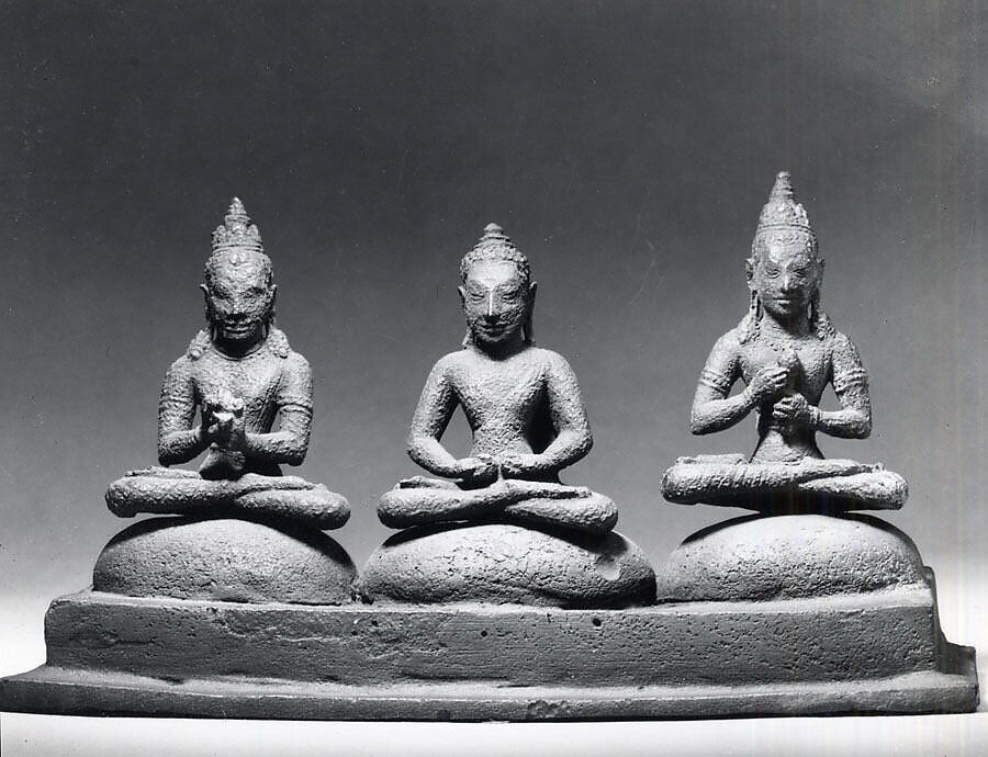 Buddhist Trinity on Cushions, Bronze, Indonesia (Java, Dieng Plateau) 