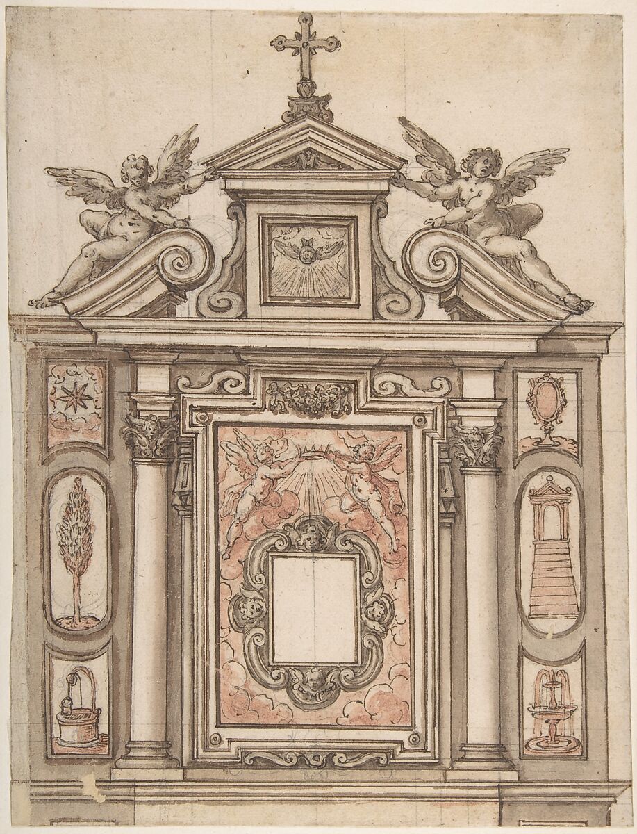 Design for a Tomb, with Ducal Crown at the Center, Anonymous, Italian, 18th century, Pen and ink and wash 