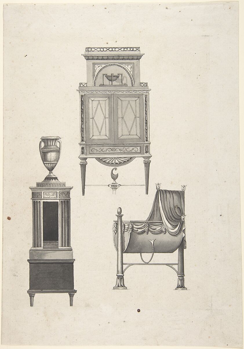 Design for furniture in a variation on the style of Thomas Sheraton, a desk or bookcase, a plate-warmer (?) pedestal, and a cradle, Anonymous, Gray ink and wash 