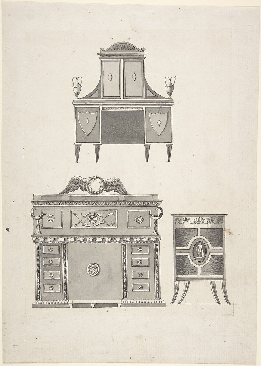 Designs for furniture in a variation on the style of Thomas Sheraton, a breakfront, a sideboard, and a low cupboard, Anonymous, Gray ink and wash 