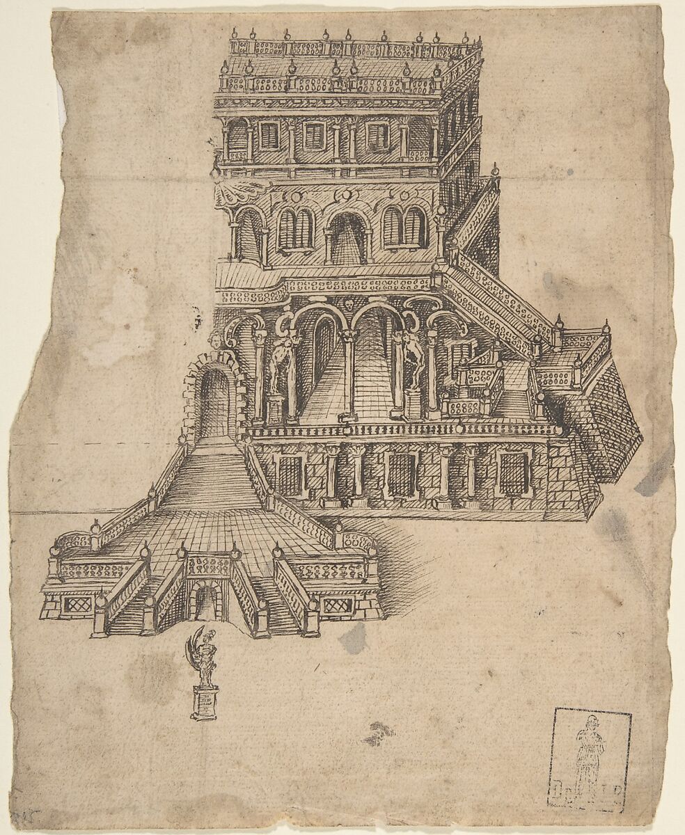 Half design for a palace - fortress with a statue in front, Anonymous, German, 16th century 