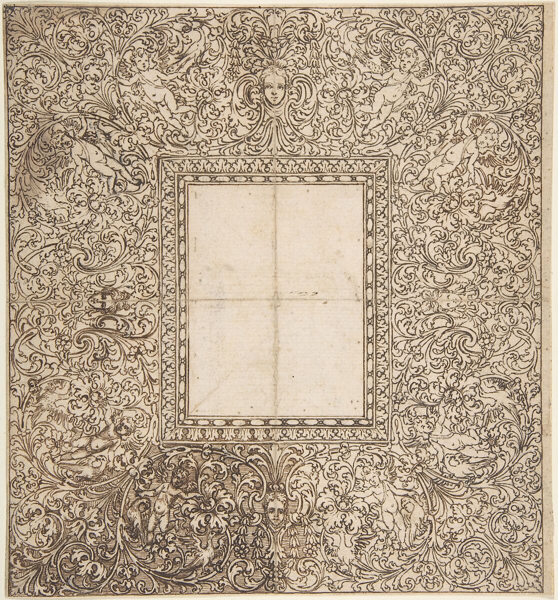 Design for a frame with foliates and putti, Anonymous, German, 17th century (?), Pen and brown ink 