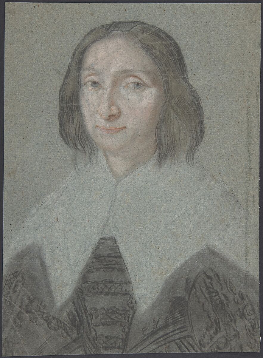 Portrait of a woman, Anonymous, French, 17th century (?), Black chalk, red chalk, pastel, heightened with white chalk on blue paper 