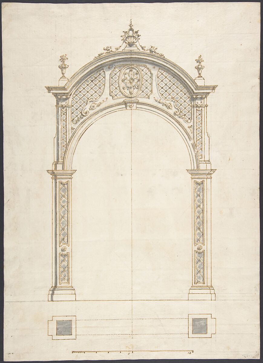 Plan and elevation of a rococo arch, Anonymous, German (?), 18th century, Pen and brown ink and gray wash 
