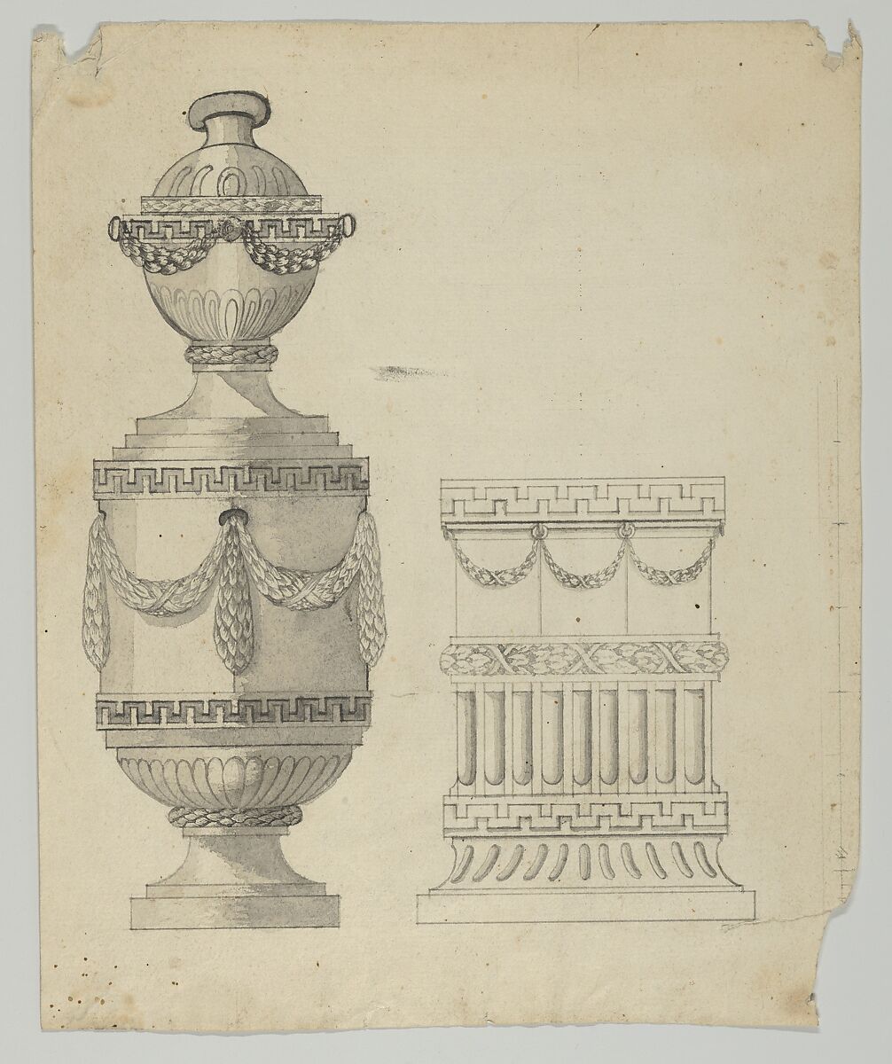 Design for a container and a base, Anonymous, German, 19th century (?), Graphite, pen and gray ink, gray wash 