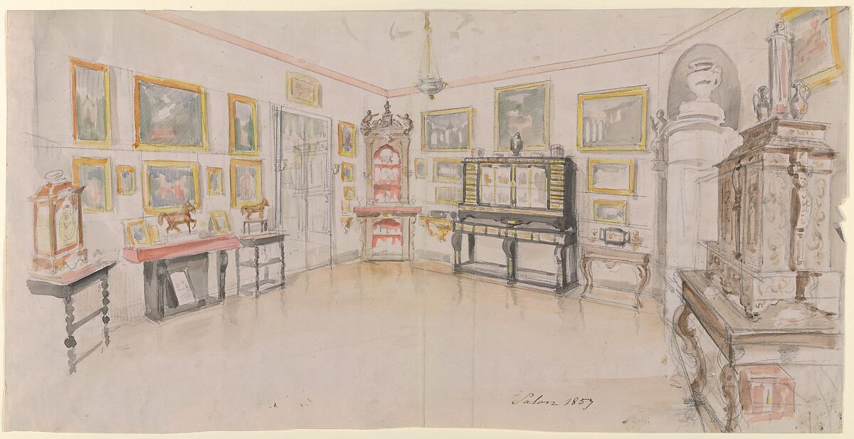 Design for a domestic interior, Anonymous, German ?, 19th century, Graphite, watercolor on pink paper 
