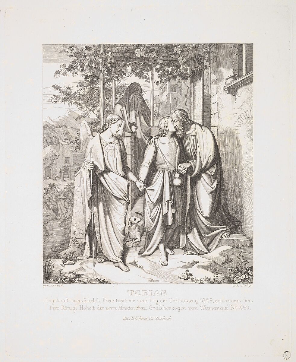 Tobias Takes Leave of his Father, Ferdinand Anton Krüger (German, 1795–1857), Steel engraving 