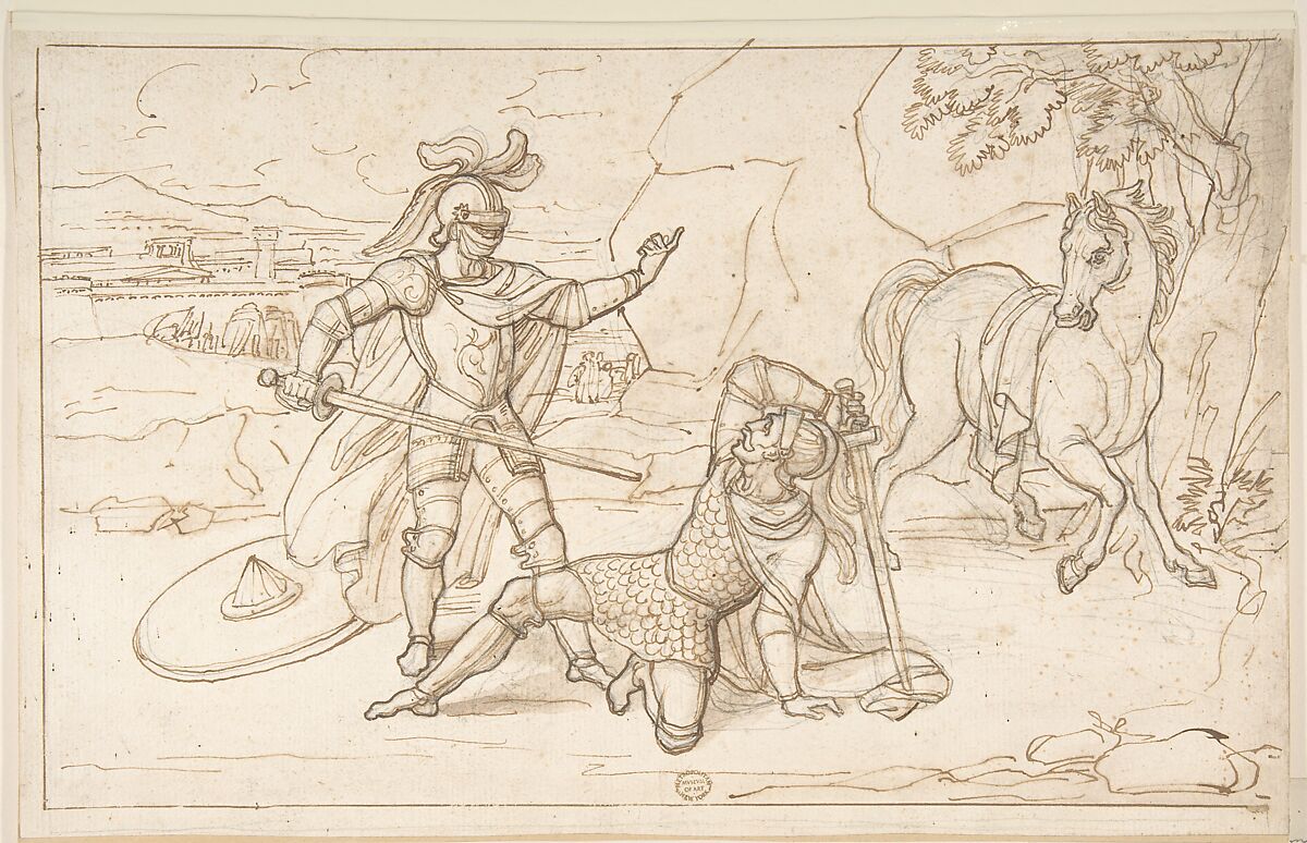 Duel of Knights, Anonymous, Italian, 19th century, Pen and bistre over red chalk 