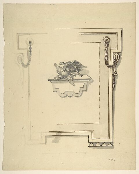 Panel with an Owl Killing a Dove, Anonymous, Italian, 19th century, Pen and ink and gray wash 