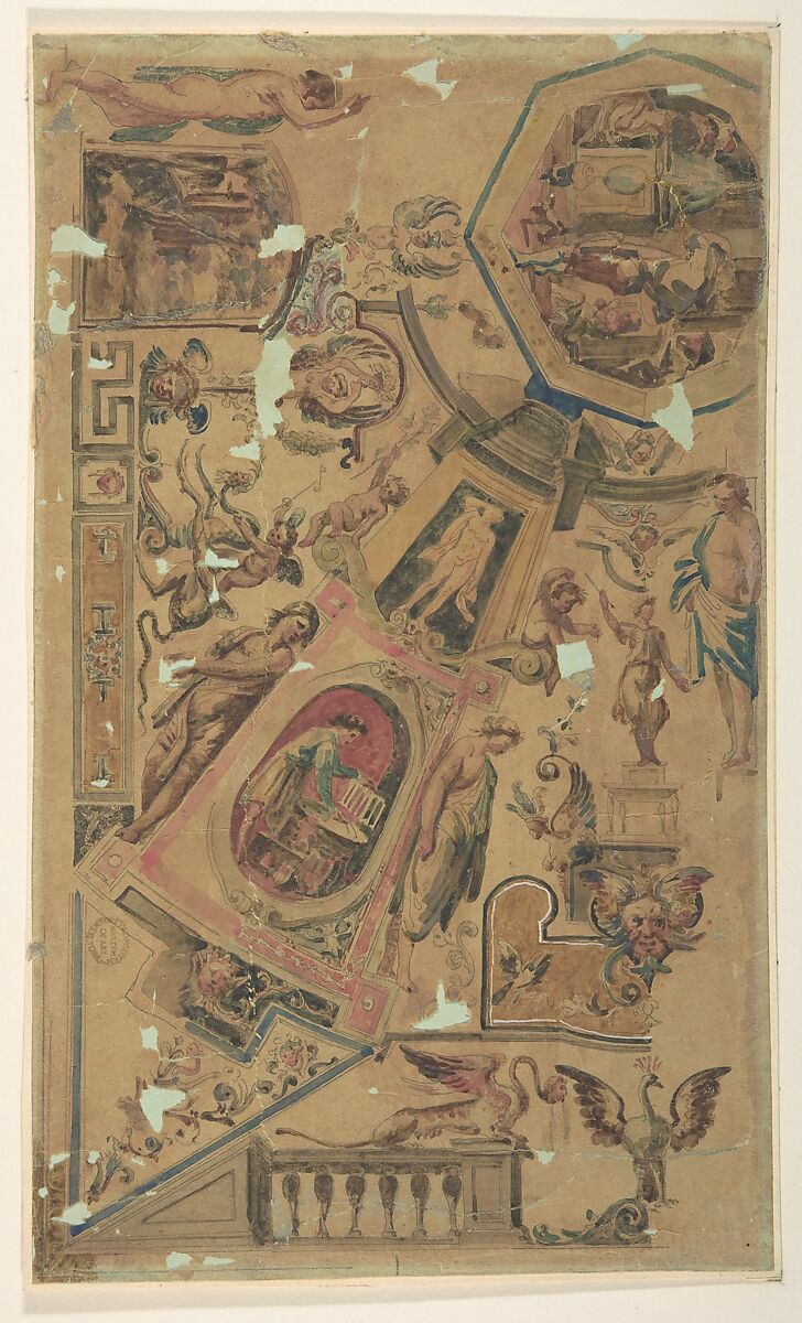 Design for a Ceiling Decoration, Anonymous, Italian, 19th century, Pencil and watercolor 
