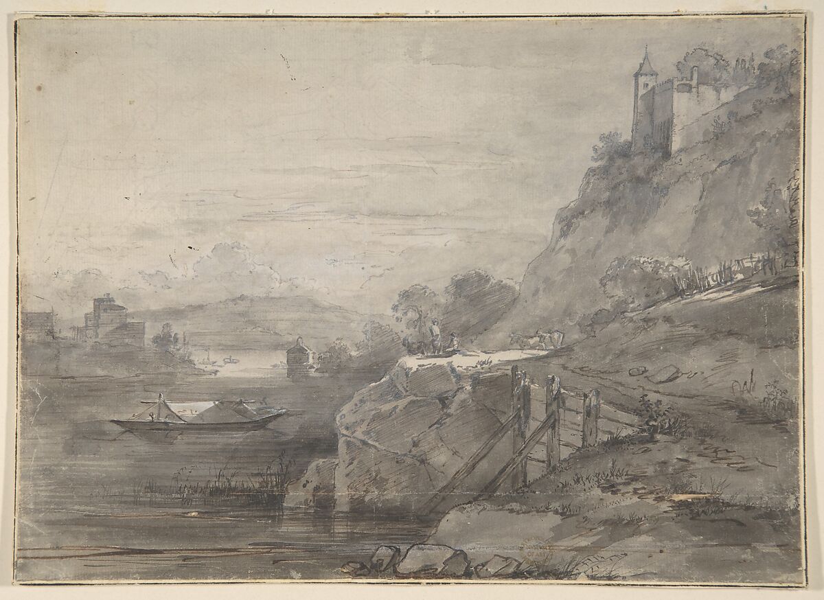 River Landscape, Anonymous, Italian, 19th century, Pen and black and brown ink, gray wash 