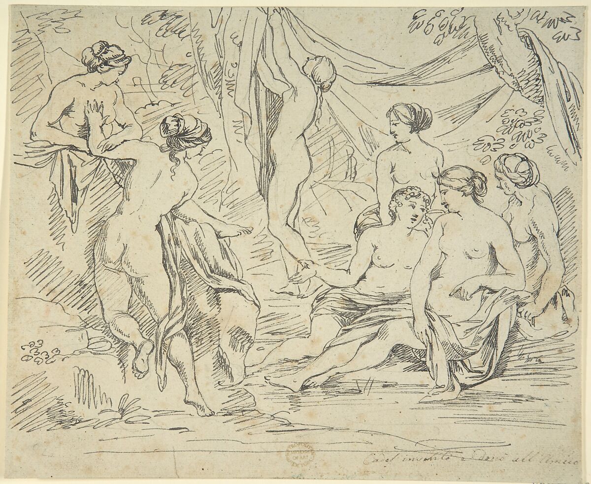 Dianna, her Nymphs, and Callisto, Anonymous, Italian, 19th century, Pen and bistre 