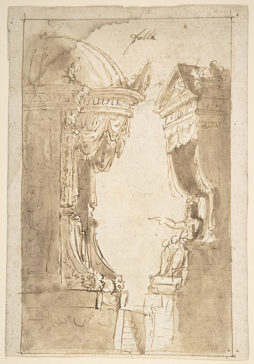 Design for a Stage Set with Two Thrones (Recto); Landscape (Verso), Anonymous, Italian, 19th century, Sepia pen and wash 