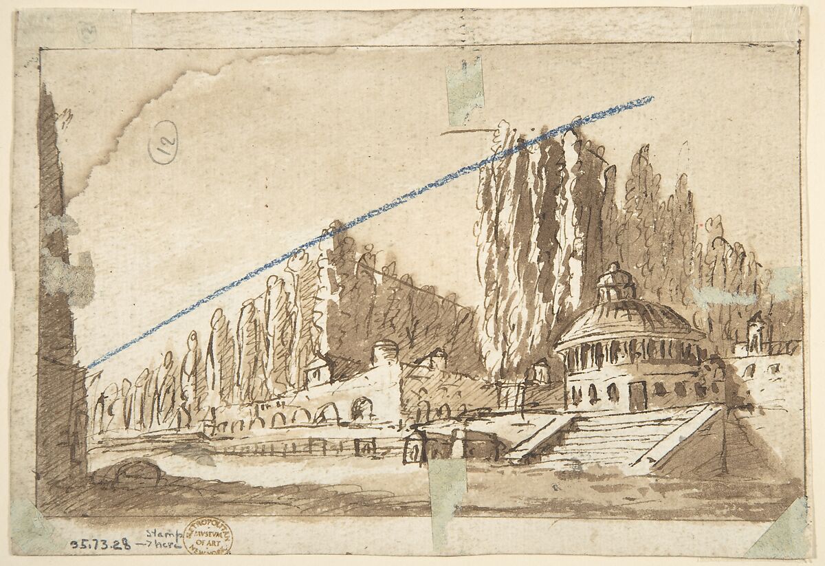 Design for a Stage Set with Two Thrones (recto); Landscape (verso), Anonymous, Italian, 19th century, Sepia pen and wash