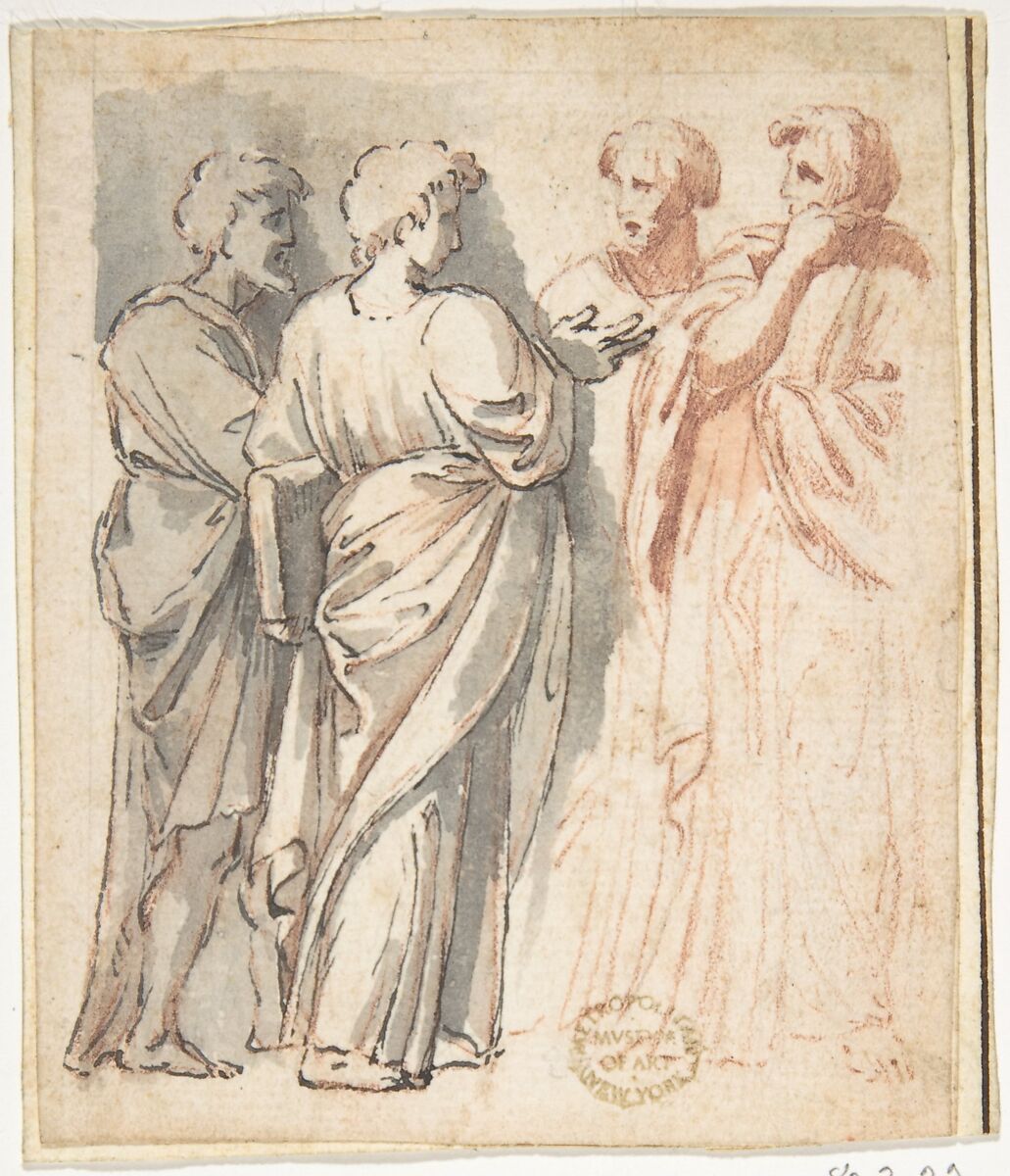 Four Men Arguing, Anonymous, Italian, 19th century, Red chalk, pen and bistre, washed with India ink 
