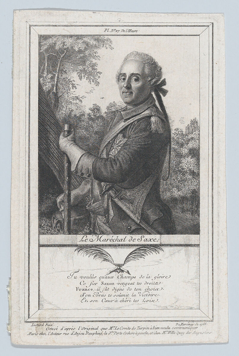 Portrait of the Maréchal de Saxe, Antoine de Marcenay de Ghuy (French, Arnay-le-Duc, Côte-d&#39;Or 1724–1811 Paris), Etching; state 2 of 2 