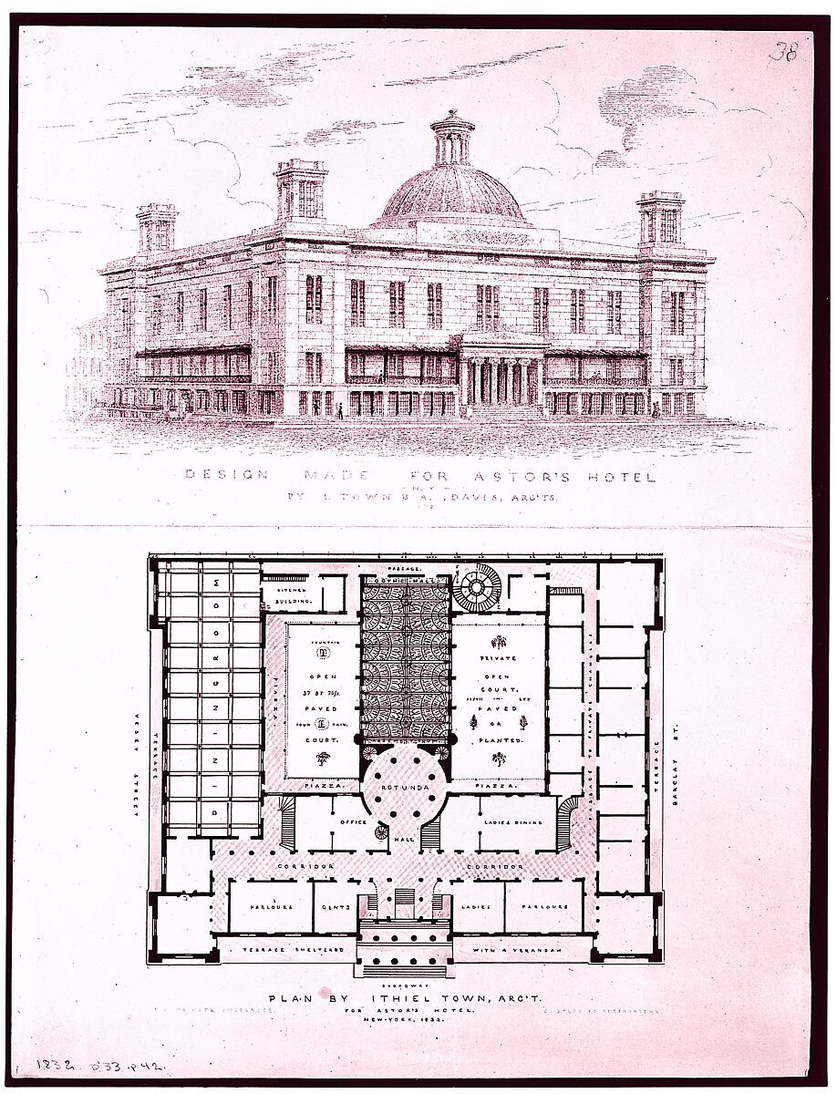 Design for Astor's Hotel, New York, Alexander Jackson Davis (American, New York 1803–1892 West Orange, New Jersey), Lithograph with watercolor 