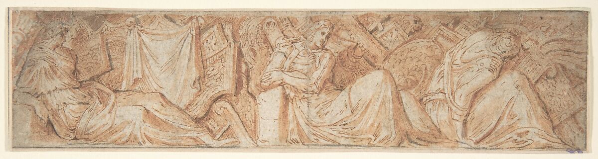 Design for a Frieze with an Armorial Trophy and Three Female Figures, Anonymous, Italian, 19th century, Pen and red ink and wash 