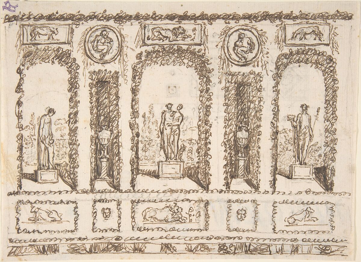 Design for a Wall Decoration of a Conservatory or Grotto with Statues and Vases in Niches, Anonymous, Italian, 19th century, Pen 