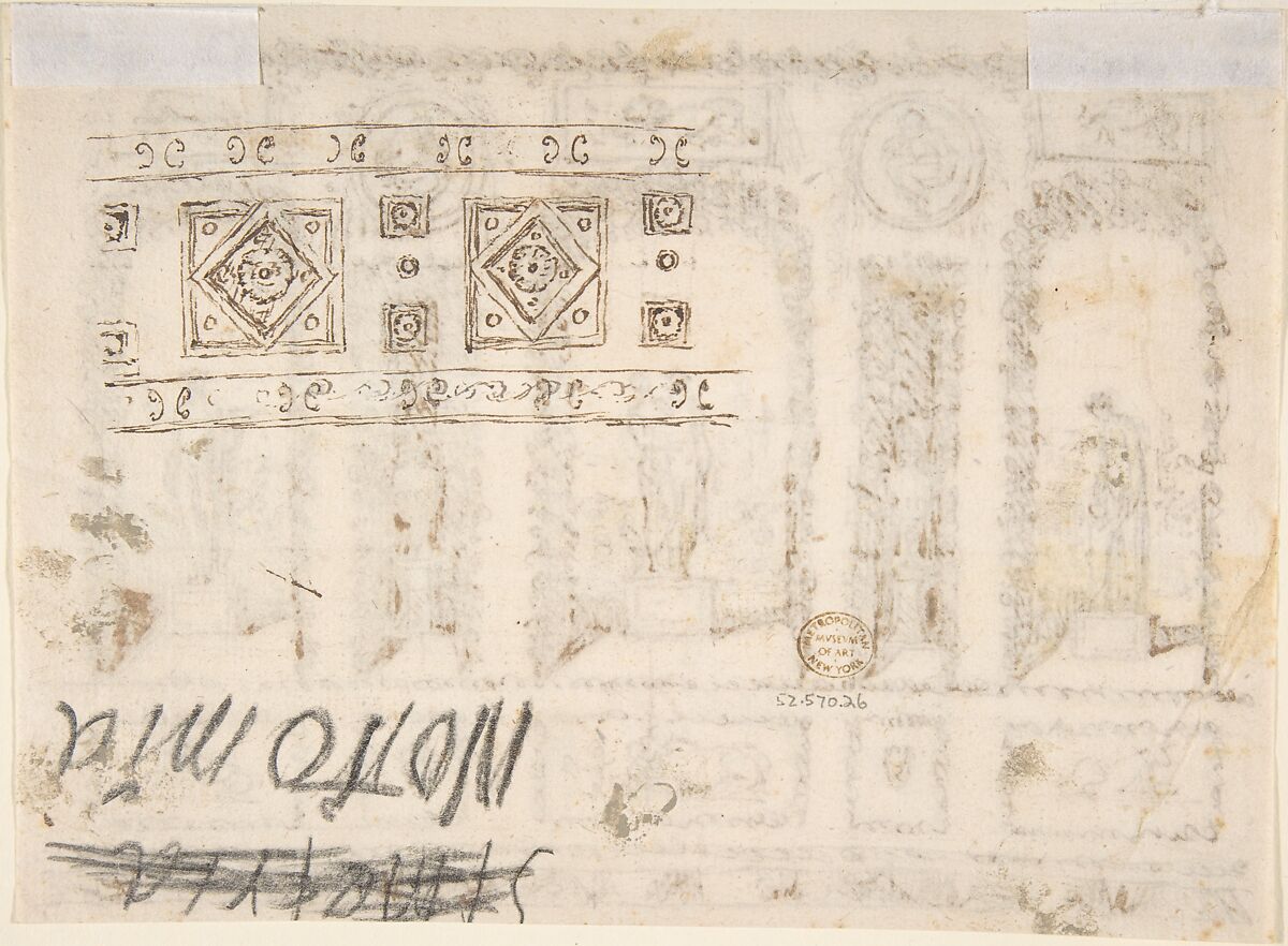 Design for a Wall Decoration of a Conservatory or Grotto with Statues and Vases in Niches, Anonymous, Italian, 19th century, Pen