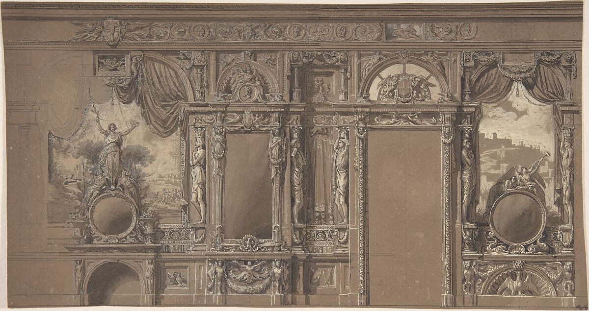 Design for a Heavily-Decorated Wall Elevation, Anonymous, Italian, 19th century, Pen and ink, chalk, and white wash on brown paper 