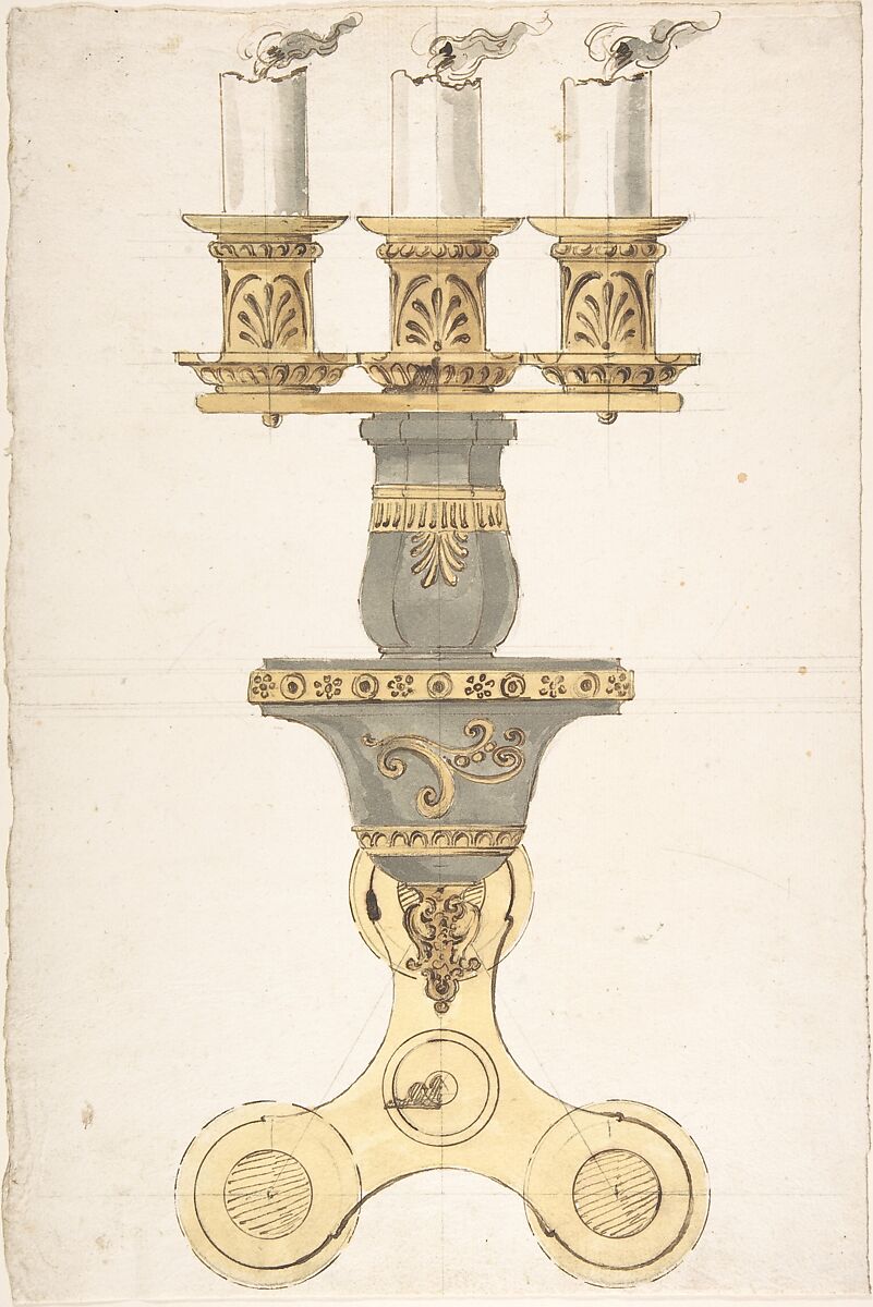 Design for a Candelabra, Anonymous, Italian, 19th century, Pen and ink and wash 