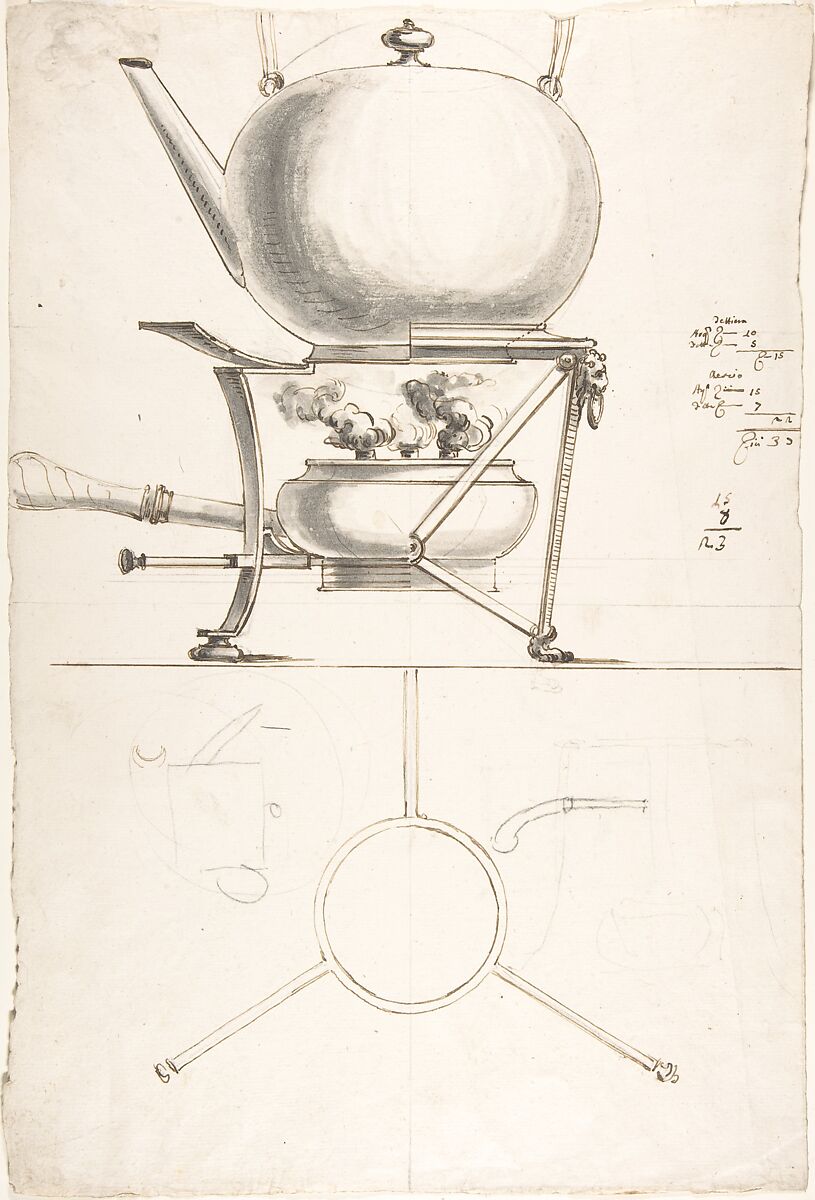 Kettle with Spirit Burner and Stand, Anonymous, Italian, 19th century, Pen and ink and wash 
