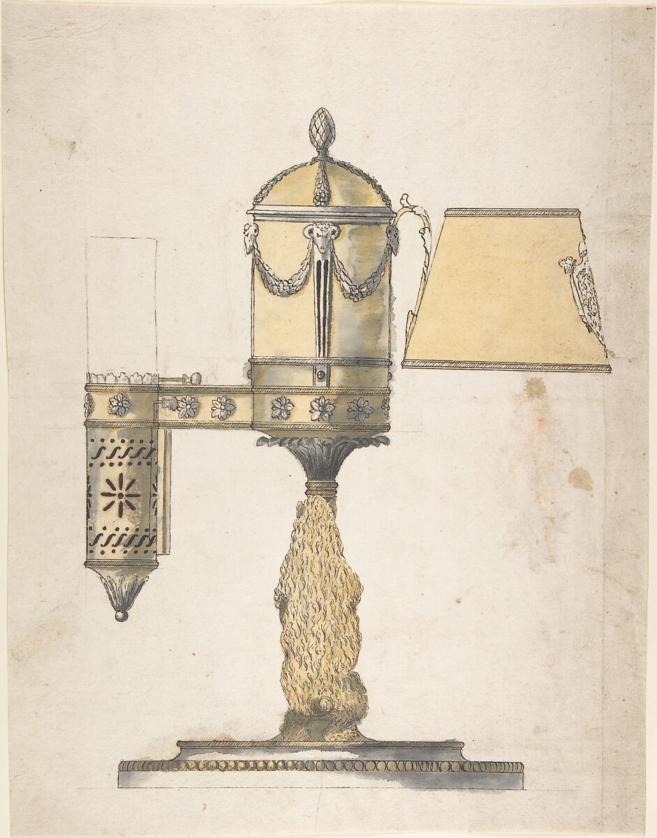 Argand Lamp with Shade, Anonymous, Italian, 19th century, Pen and ink and watercolor 