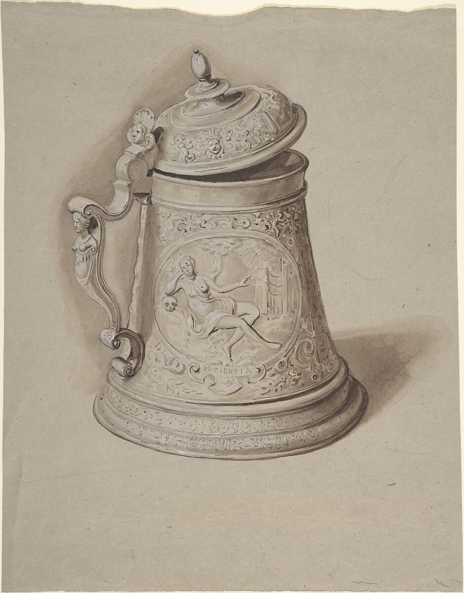 Design for a Tankard, Anonymous, Italian, 19th century, Wash and gouache on gray paper 