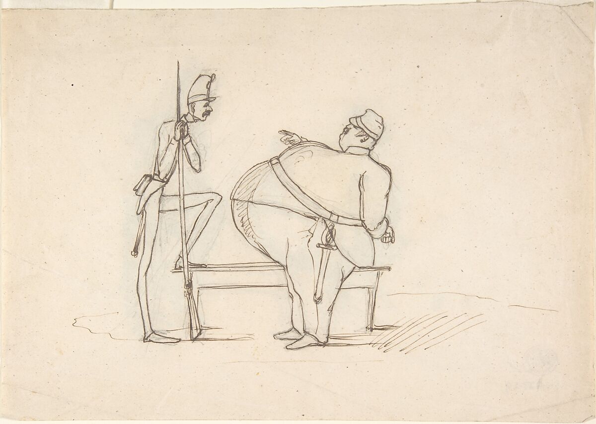Caricature of Two Soldiers, Anonymous, Italian, 19th century, Pen and ink over pencil; verso blackened with pencil for transfer 