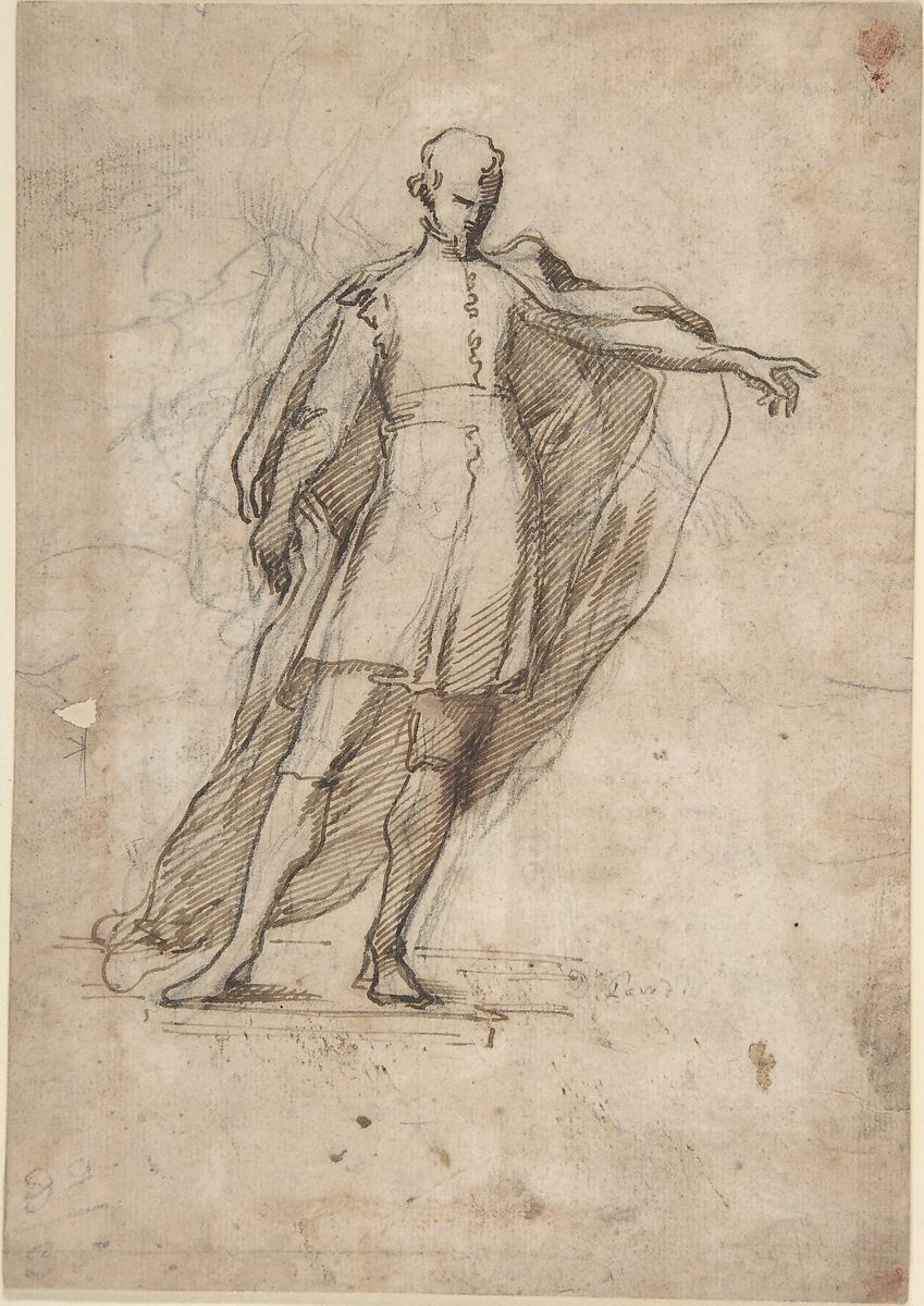Sketch of a Standing Male Figure Wearing a Cape, Anonymous, Italian, early 19th century, Black chalk and pen and sepia 