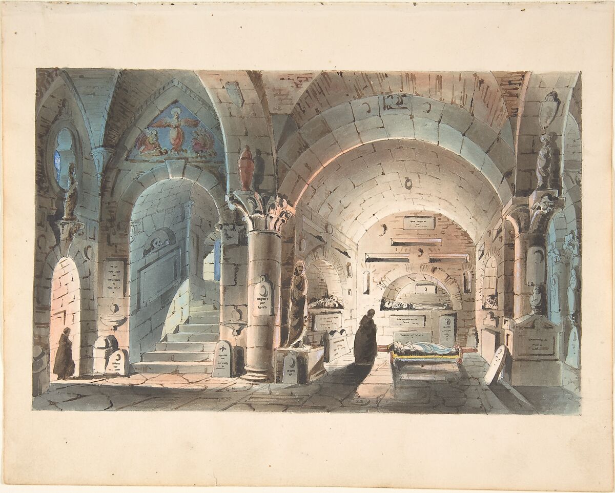 Design for a Stage Set: Crypt Scene, Anonymous, Italian, 19th century, Watercolor 
