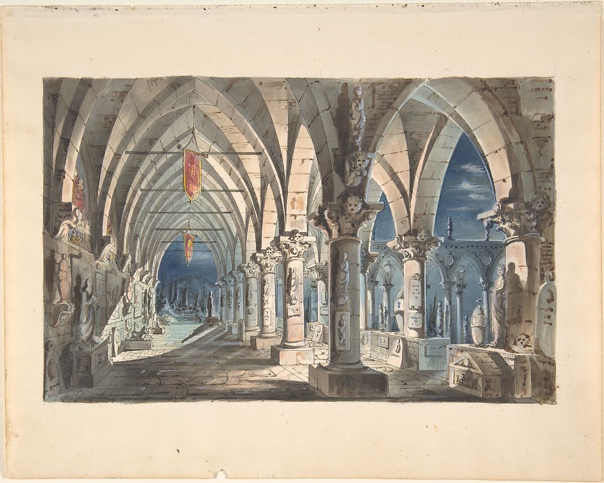 Design for a Stage Set: Cloister at Night, Anonymous, Italian, 19th century, Watercolor 