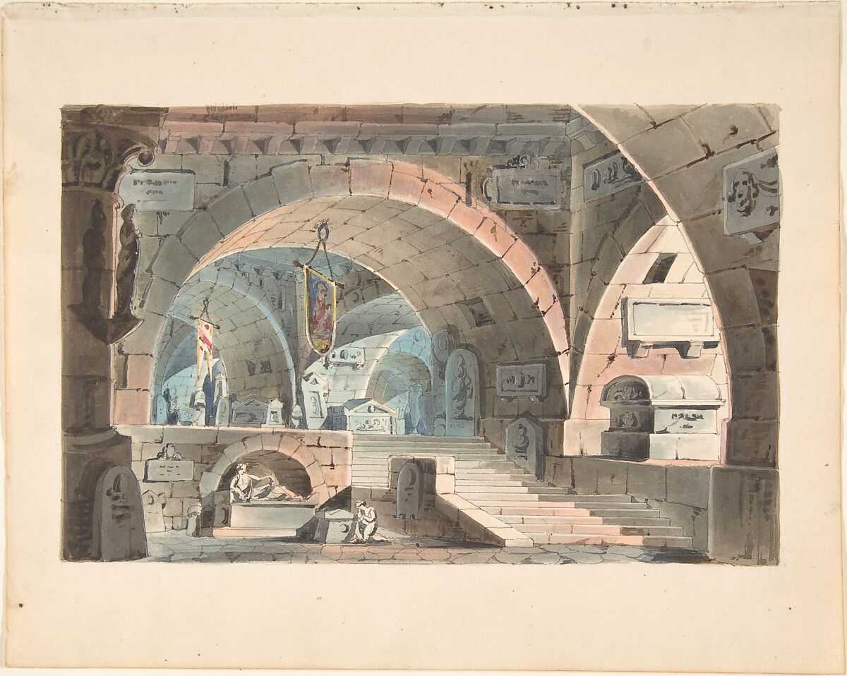 Crypt with a Kneeling Mourner, Anonymous, Italian, 19th century, Watercolor 