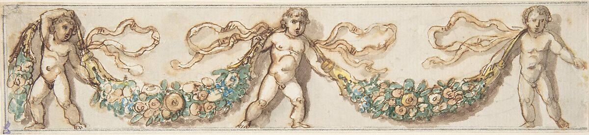 Classicizing Frieze with Three Putti holding up a Garland, Anonymous, Italian, 19th century, Pen and brown ink, brush and brown wash, blue and green watercolor, over traces of black chalk 