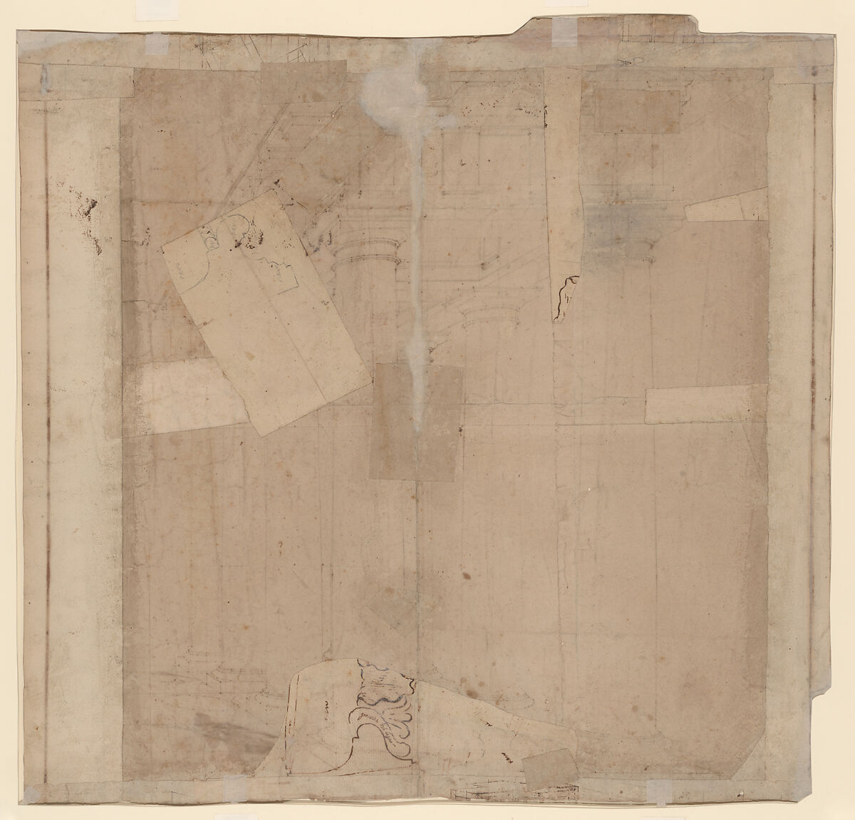 Study for a Colonnade in Perspective, Attributed to Baldassarre Tommaso Peruzzi (Italian, Ancaiano 1481–1536 Rome)  , or workshop, Pen and brown ink, over an armature of leadpoint, ruling, pin-pricks and compass work, on six fragments of paper