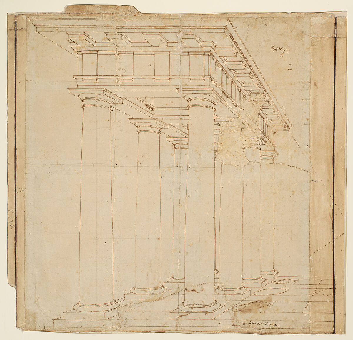 Study for a Colonnade in Perspective, Attributed to Baldassare Tommaso Peruzzi (Italian, Ancaiano 1481–1536 Rome)  , or workshop, Pen and brown ink, over an armature of leadpoint, ruling, pin-pricks and compass work, on six fragments of paper 