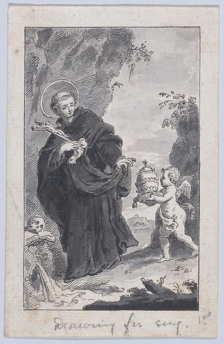 A saint holding a crucifix, an angel at right approaching with a papal tiara, Anonymous, Italian, 19th century (?), Pen and ink, gray wash, over red chalk; framing line in pen and gray ink 