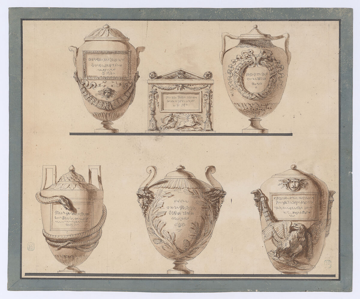 Study of Five Vases or Urns, Felice Giani (Italian, San Sebastiano Curone, near Alessandria 1758–1823 Rome), Pen and gray ink, brush and brown wash, over freehand graphite and ruling, borders in blue wash 