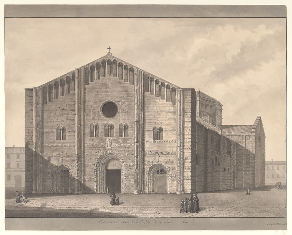 View of the Façade of the Cathedral of San Michele, Pavia, Giulio Aluisetti (Italian, San Maurizio 1796–1851 Milan), Pen and gray ink, brush and gray wash, over graphite, ruling 