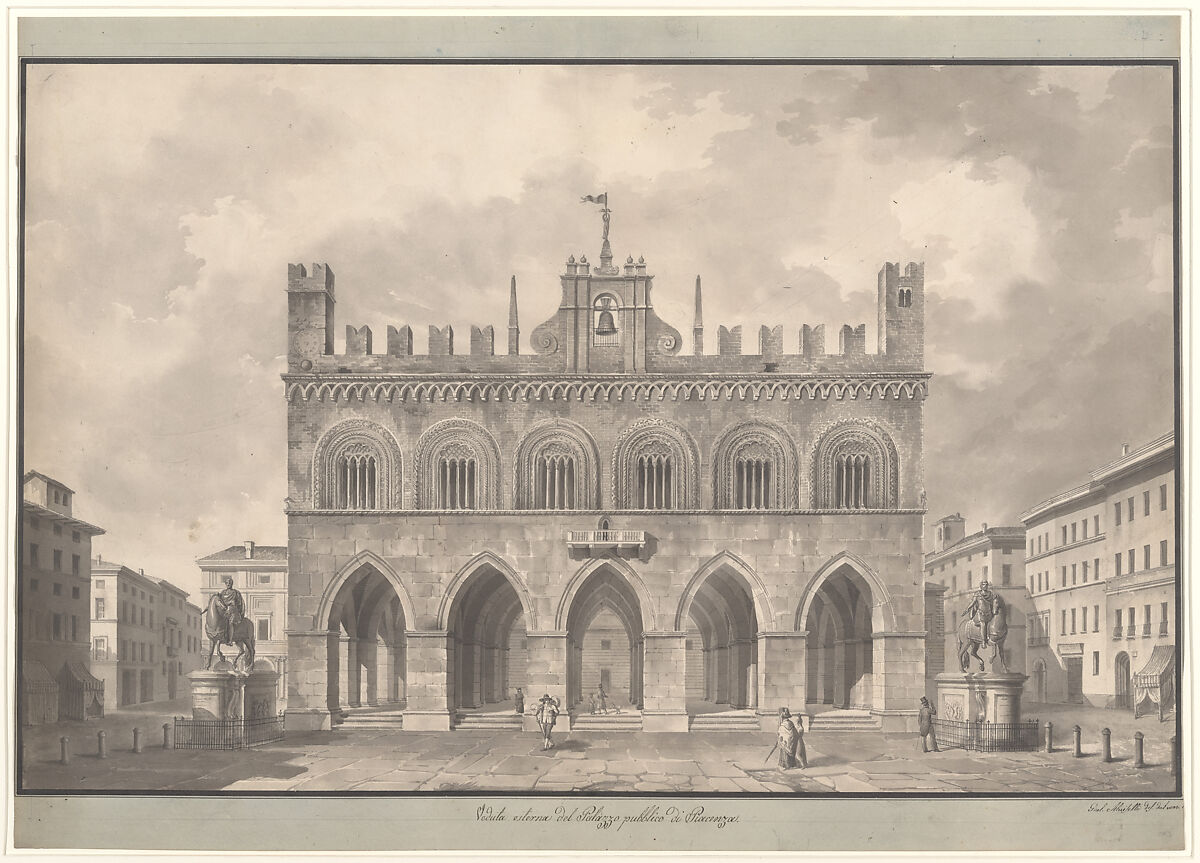 View of the Palazzo Pubblico (Palazzo Comunale), Piacenza, Giulio Aluisetti (Italian, San Maurizio 1796–1851 Milan), Pen and brown-gray ink, brown-gray wash, traces of graphite or black chalk 