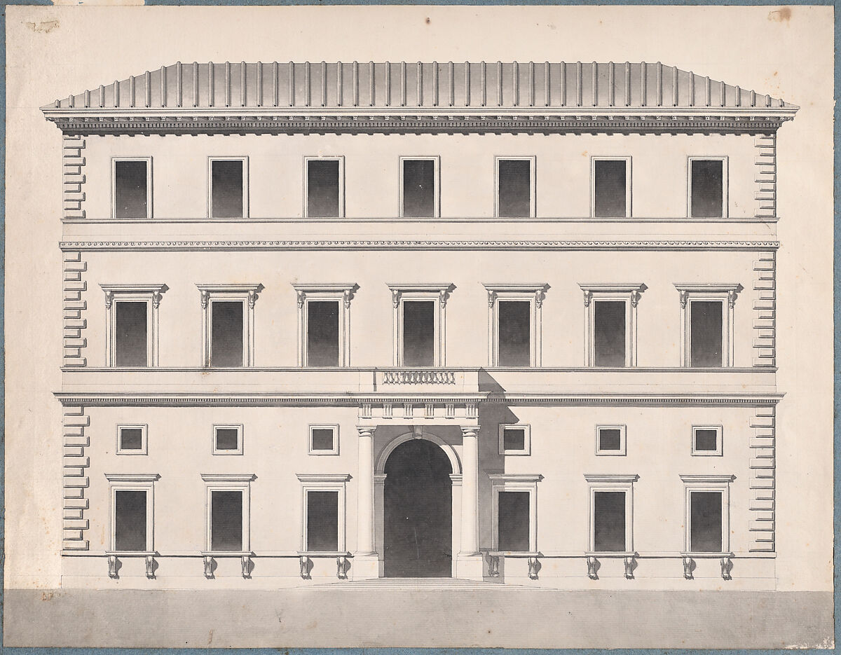 Architectural Study of a Renaissance Palace, Anonymous, Italian, 18th or early 19th century, Pen and gray ink, light gray and black wash, addition of blue paper on the four sides 